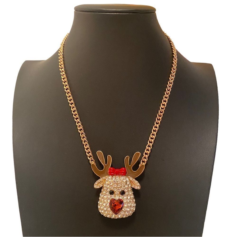 Betsey Johnson Pave Crystal Reindeer Pendant Necklace on Gold Toned Chain.